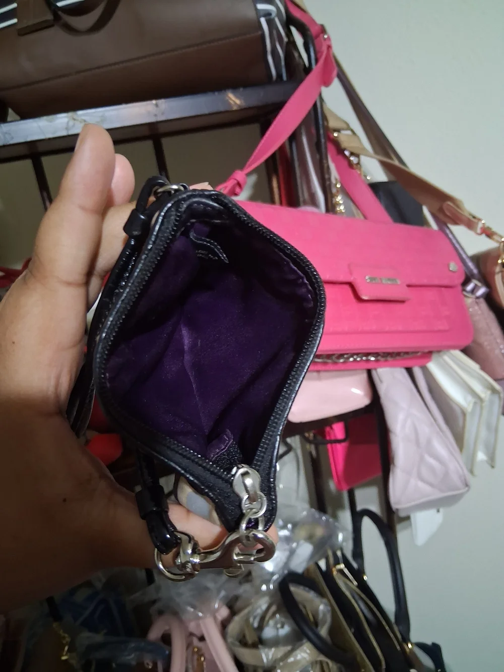 Coach Purple Multi Circle Pattern Wristlet with Black Trim